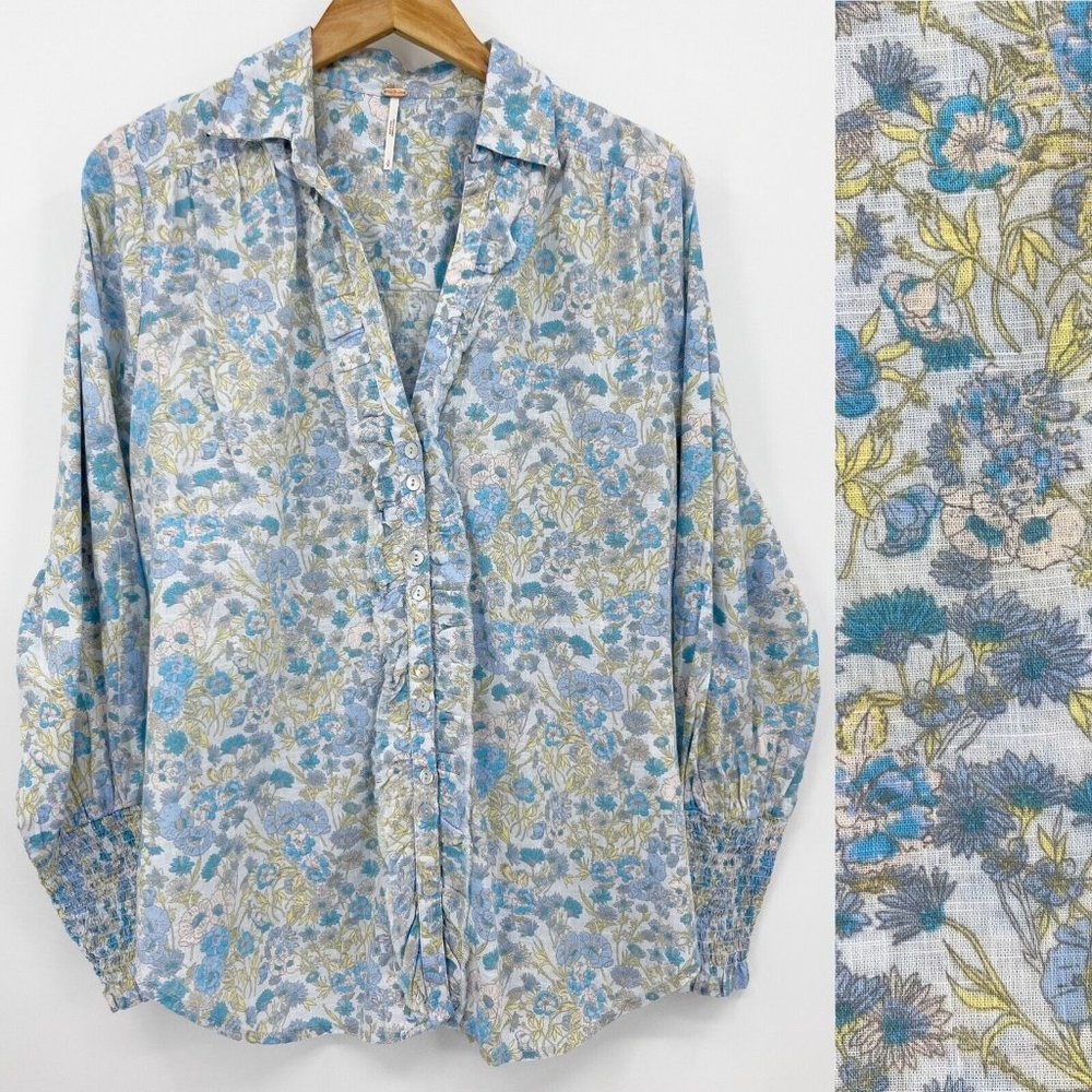 Free People Blue Floral Button Front Top Long Sleeve Cottage Bohemian